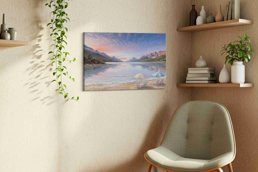 Alpenglow Beach Reverie beach canvas wall art styled in a living room