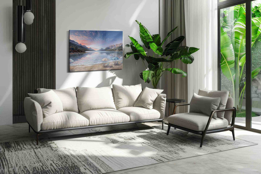 Alpenglow Beach Reverie beach canvas wall art in a modern interior mockup