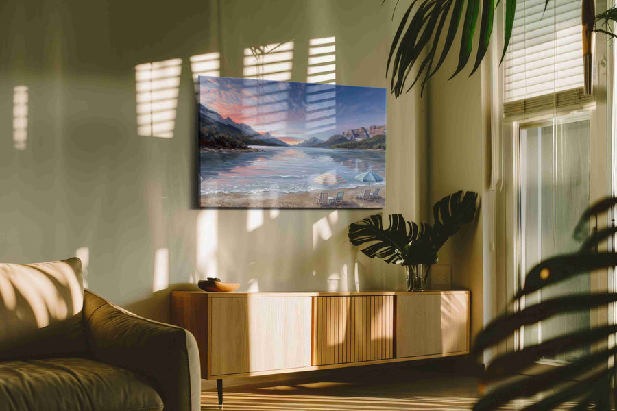 Alpenglow Beach Reverie beach canvas wall art shown hanging in a styled interior