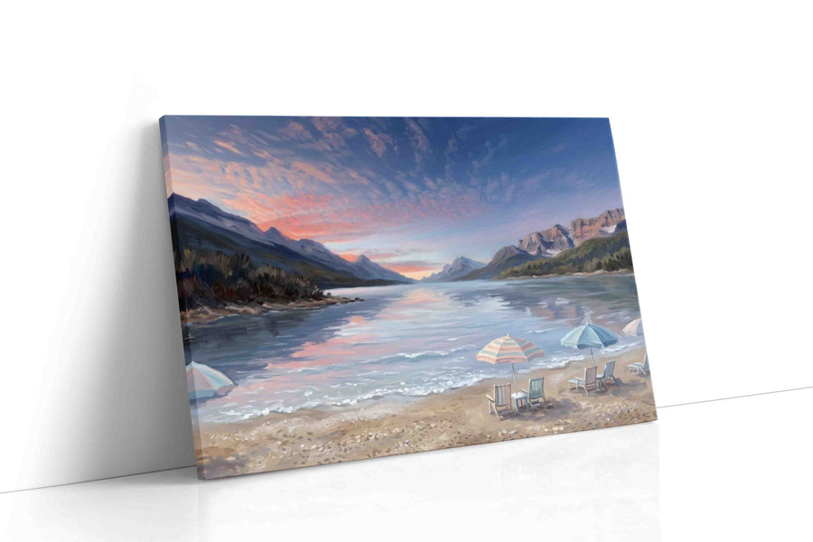 Alpenglow Beach Reverie beach canvas wall art displayed above a sofa in a modern living room