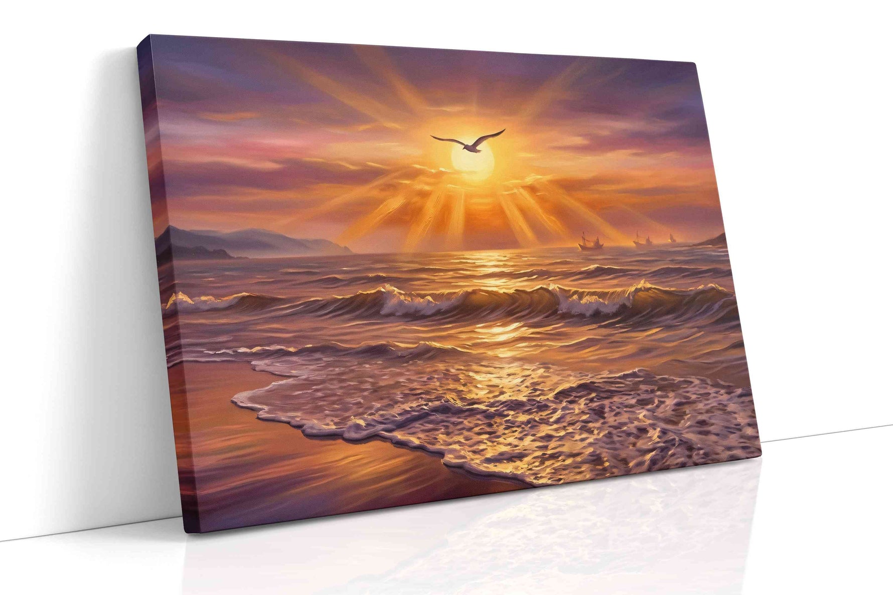 Gilded Tide Reverie beach canvas wall art displayed above a bed in a contemporary bedroom