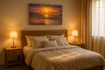 Gilded Tide Reverie beach canvas wall art displayed above a bed in a styled bedroom scene