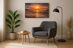 Gilded Tide Reverie beach canvas wall art displayed above a sofa in a modern living room