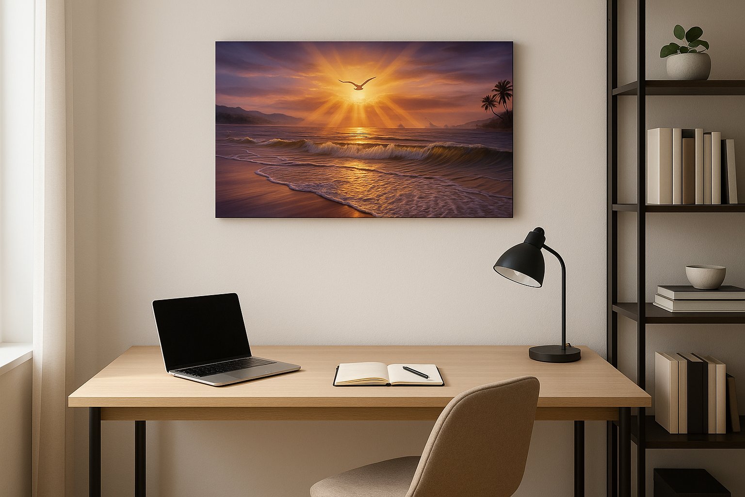 Gilded Tide Reverie beach canvas wall art shown in a contemporary interior mockup