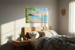 Heliconia Dawn Serenade beach canvas wall art displayed above a bed in a styled bedroom scene