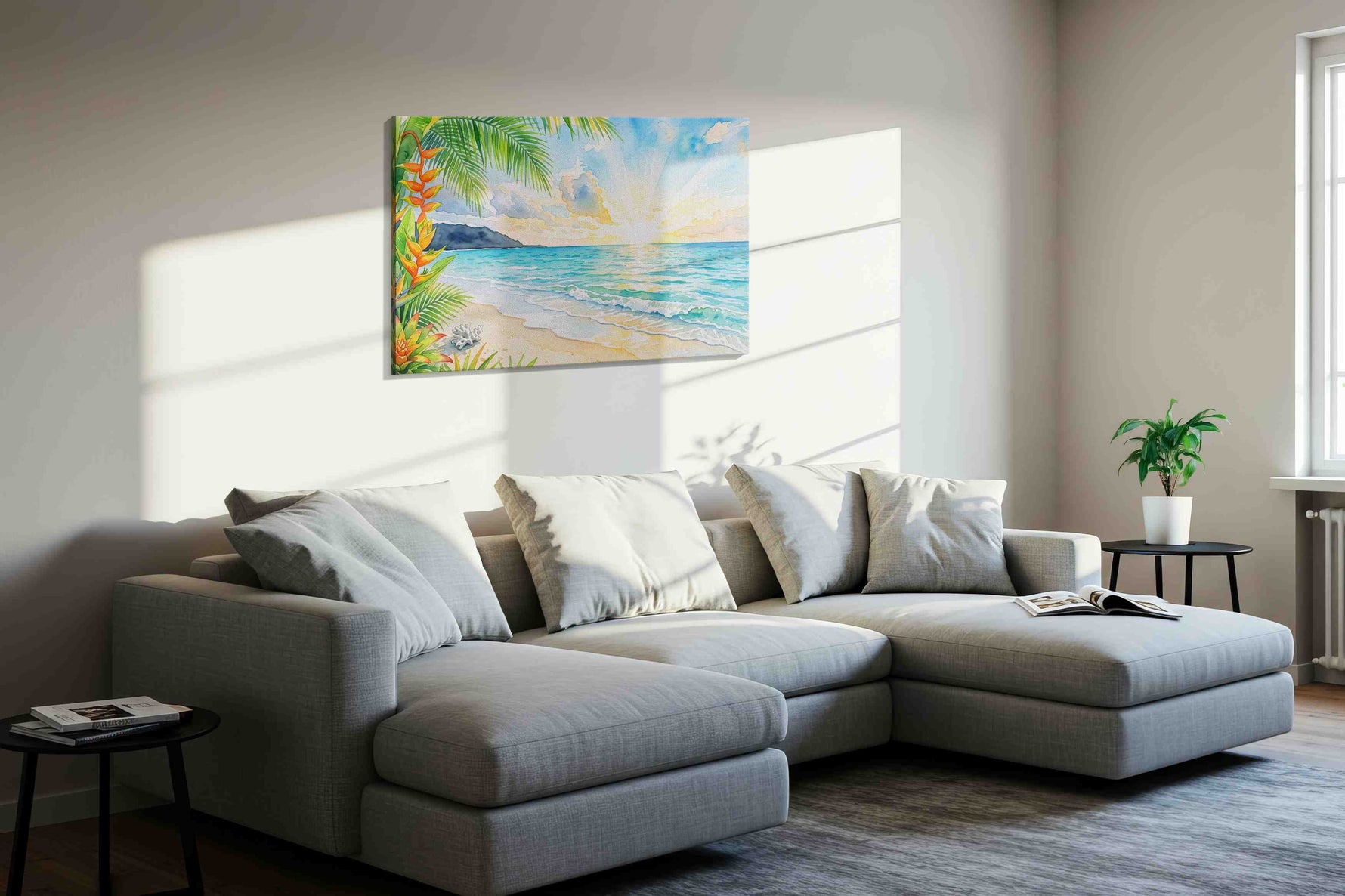 Heliconia Dawn Serenade beach canvas wall art displayed above a sofa in a styled living room scene