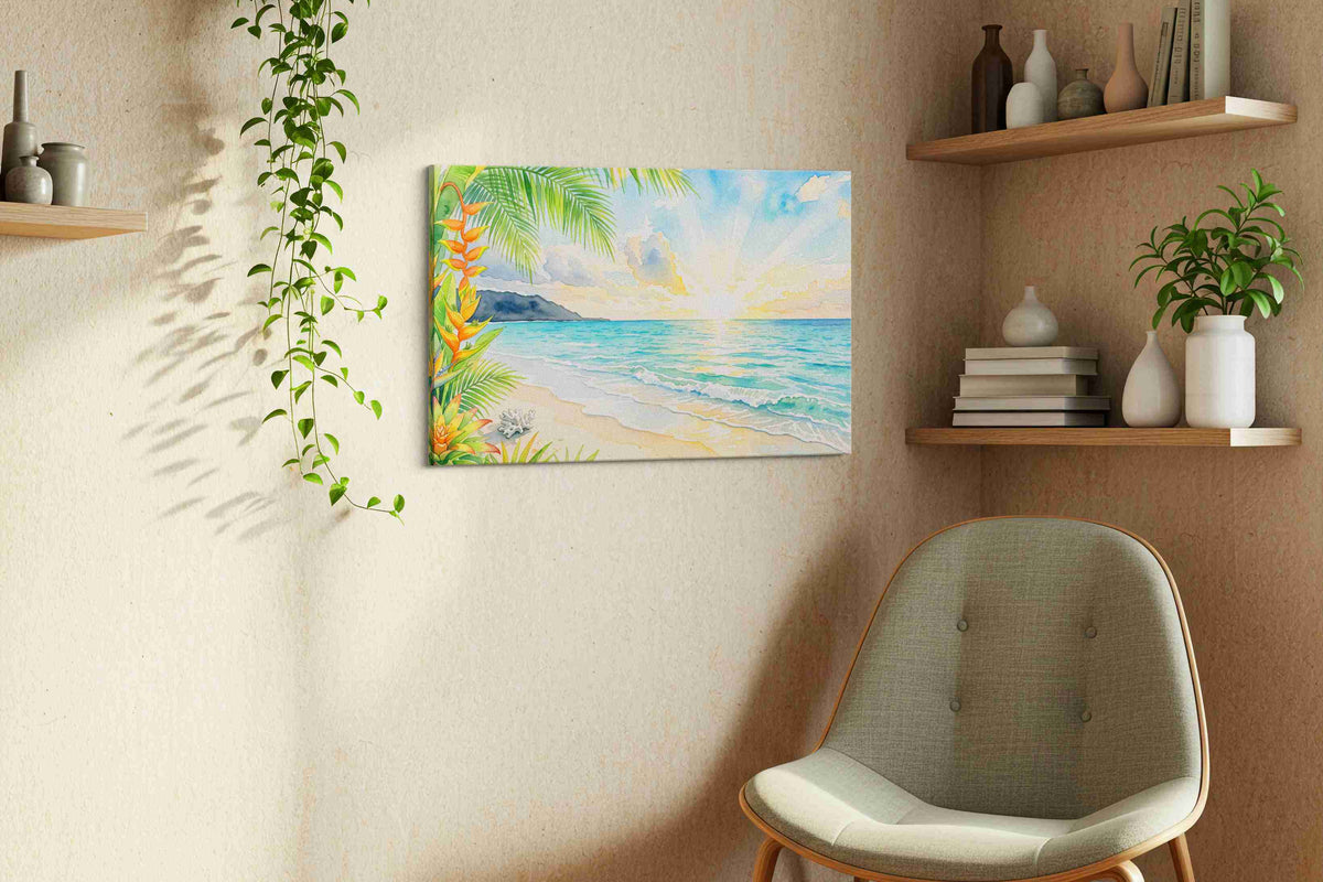 Heliconia Dawn Serenade beach canvas wall art styled in a living room