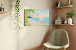 Heliconia Dawn Serenade beach canvas wall art styled in a living room