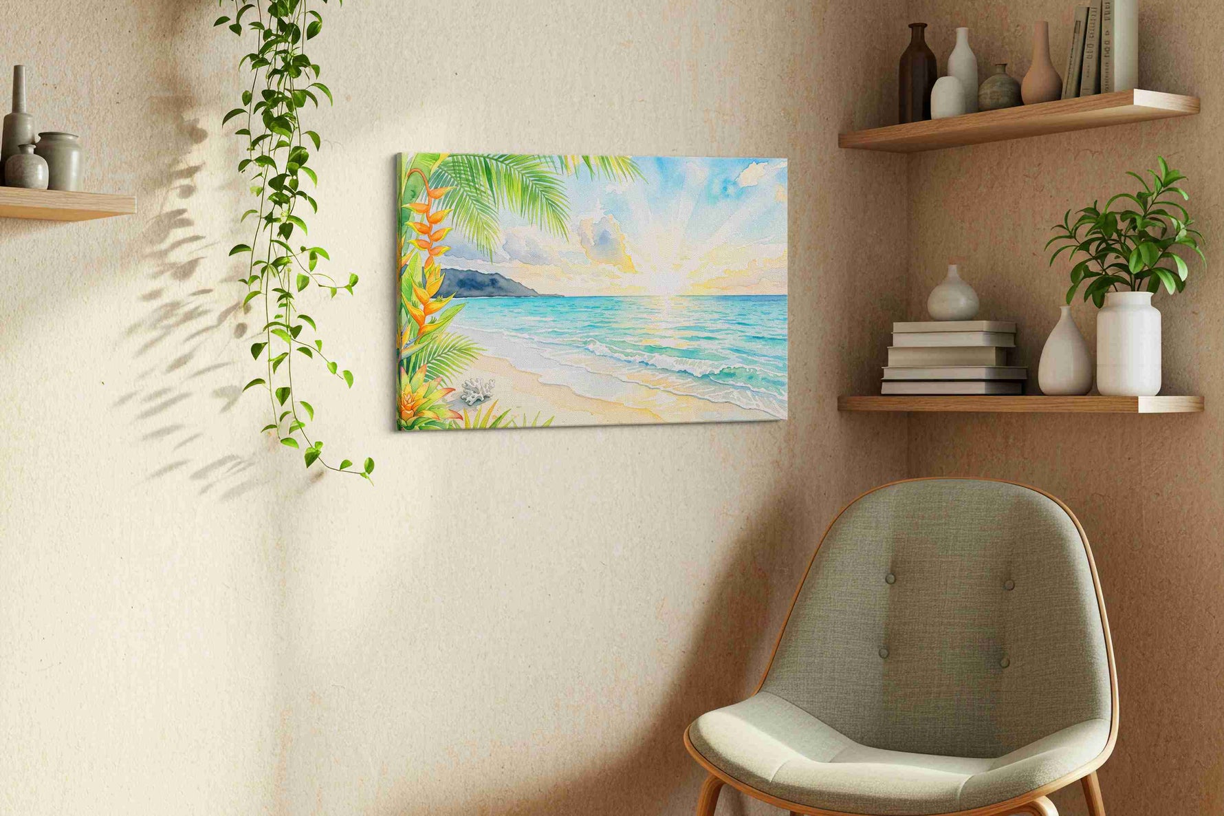 Heliconia Dawn Serenade beach canvas wall art styled in a living room
