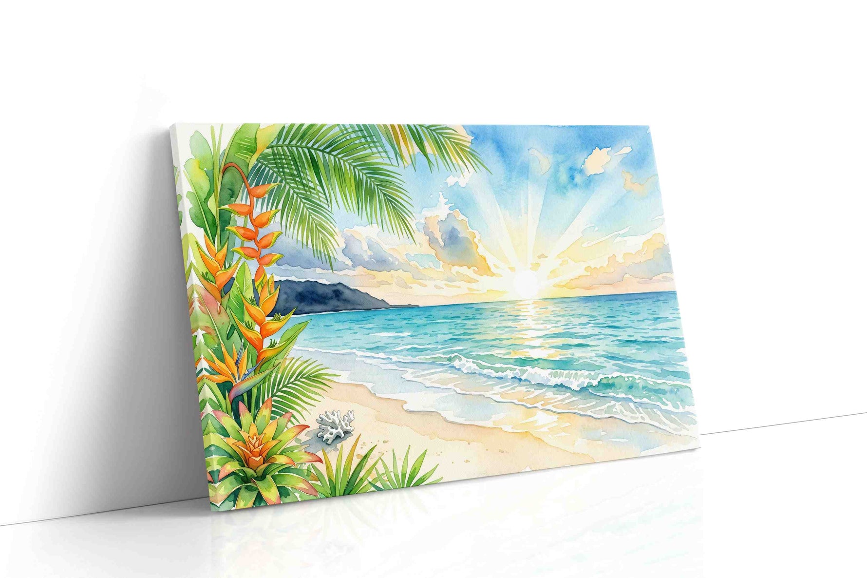 Heliconia Dawn Serenade beach canvas wall art displayed above a bed in a contemporary bedroom