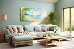 Heliconia Dawn Serenade beach canvas wall art shown hanging in a styled interior