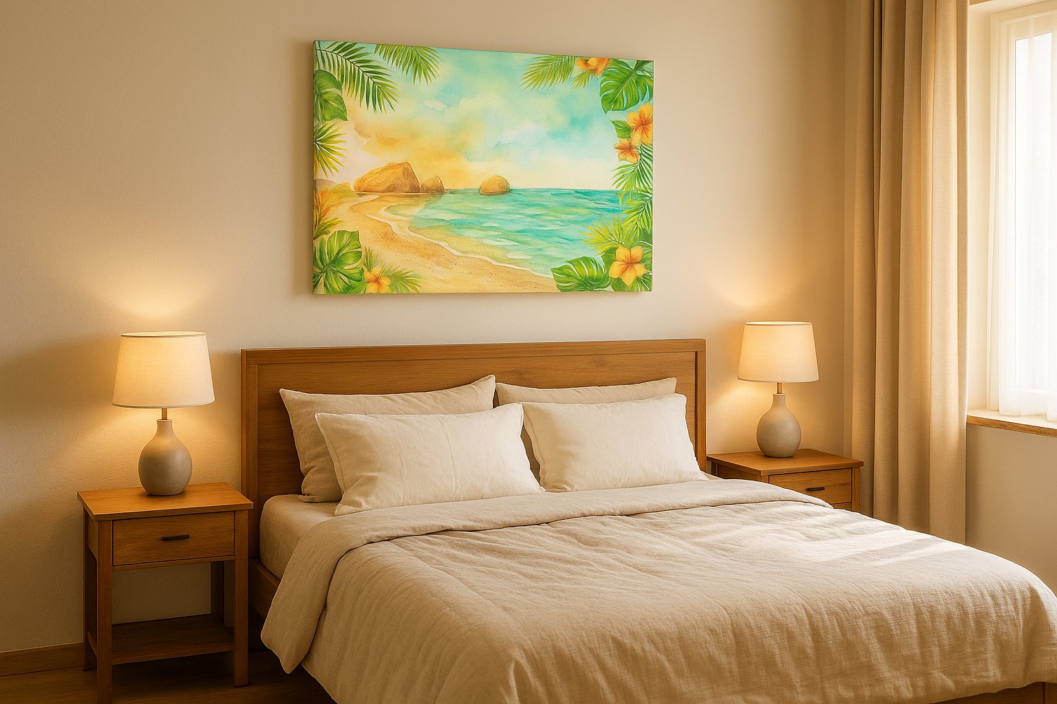 Hibiscus Tide Reverie beach canvas wall art displayed above a bed in a styled bedroom scene