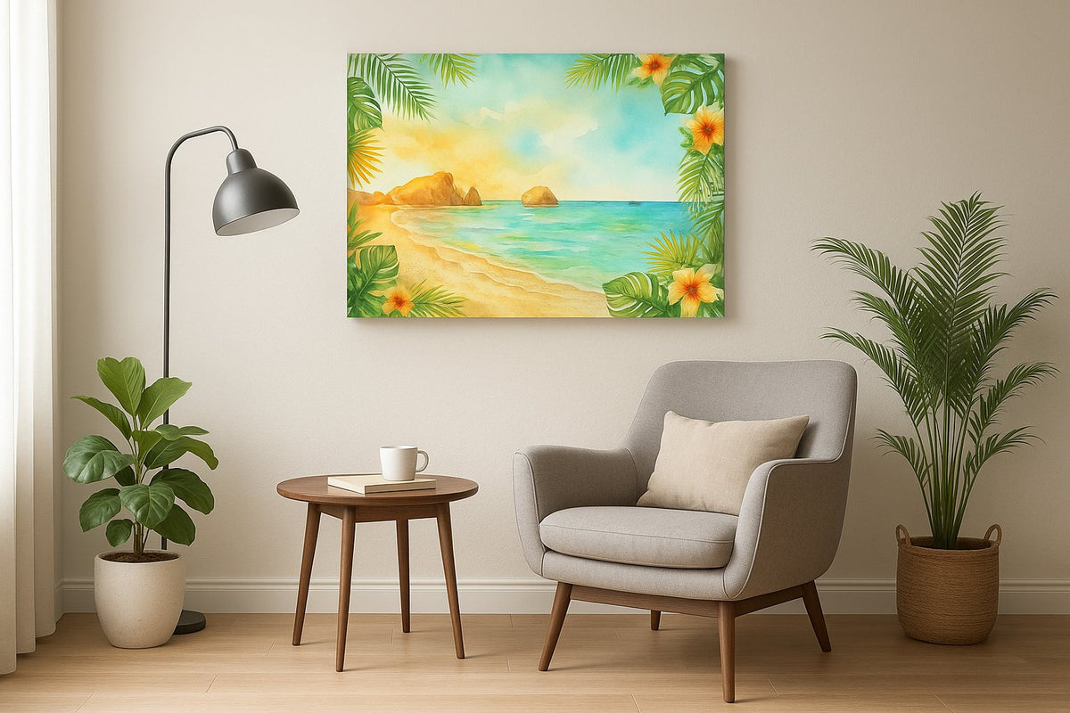 Hibiscus Tide Reverie beach canvas wall art displayed above a sofa in a modern living room