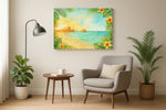Hibiscus Tide Reverie beach canvas wall art displayed above a sofa in a modern living room