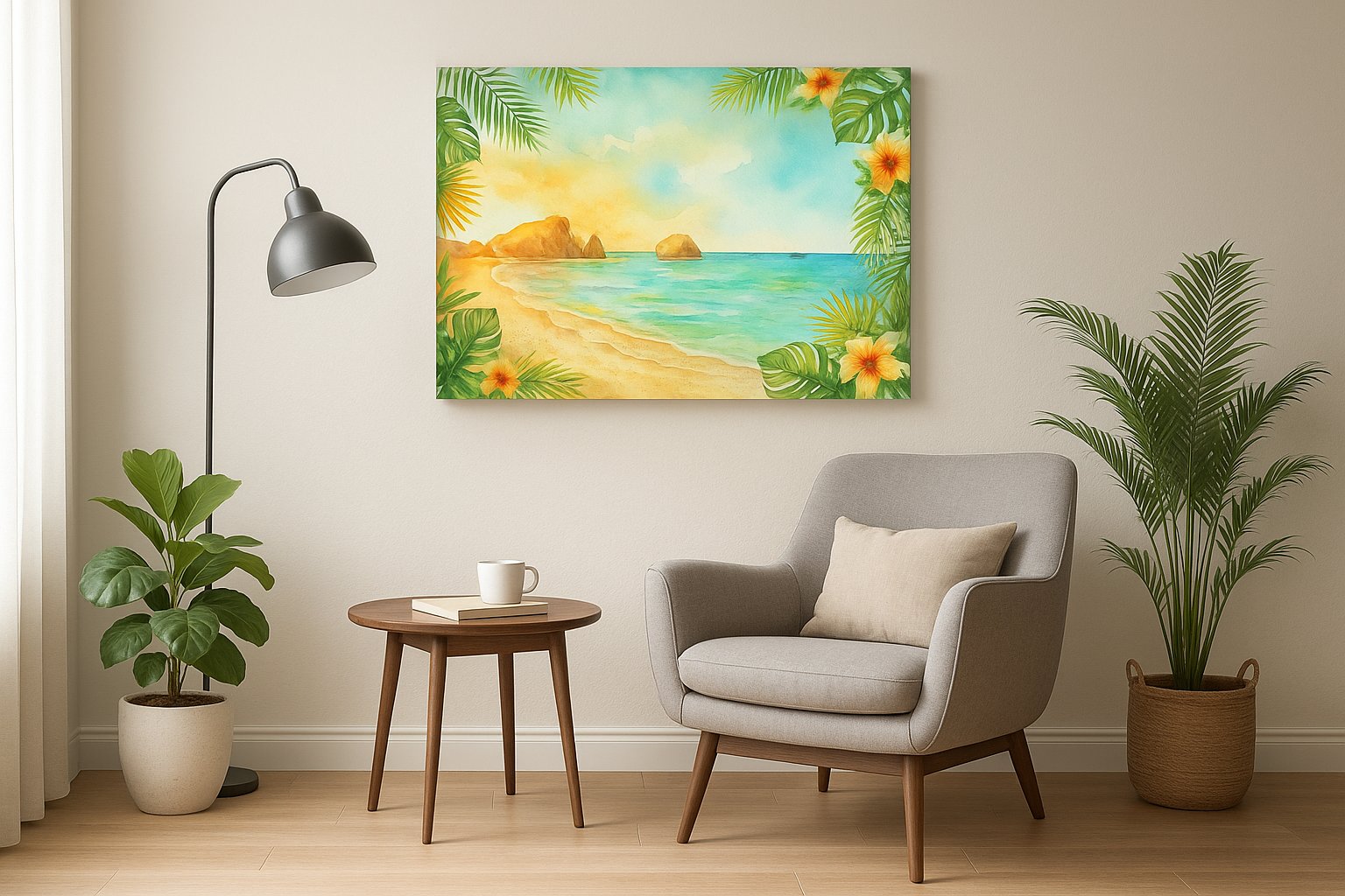 Hibiscus Tide Reverie beach canvas wall art displayed above a sofa in a modern living room