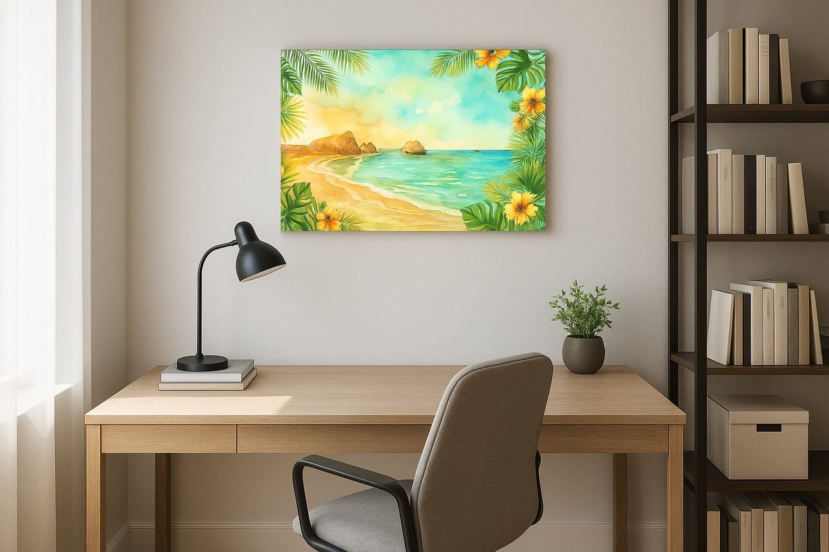 Hibiscus Tide Reverie beach canvas wall art displayed above a bed in a contemporary bedroom