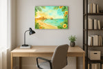 Hibiscus Tide Reverie beach canvas wall art displayed above a bed in a contemporary bedroom