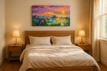 Neon Tides of Paradise beach canvas wall art displayed above a bed in a styled bedroom scene