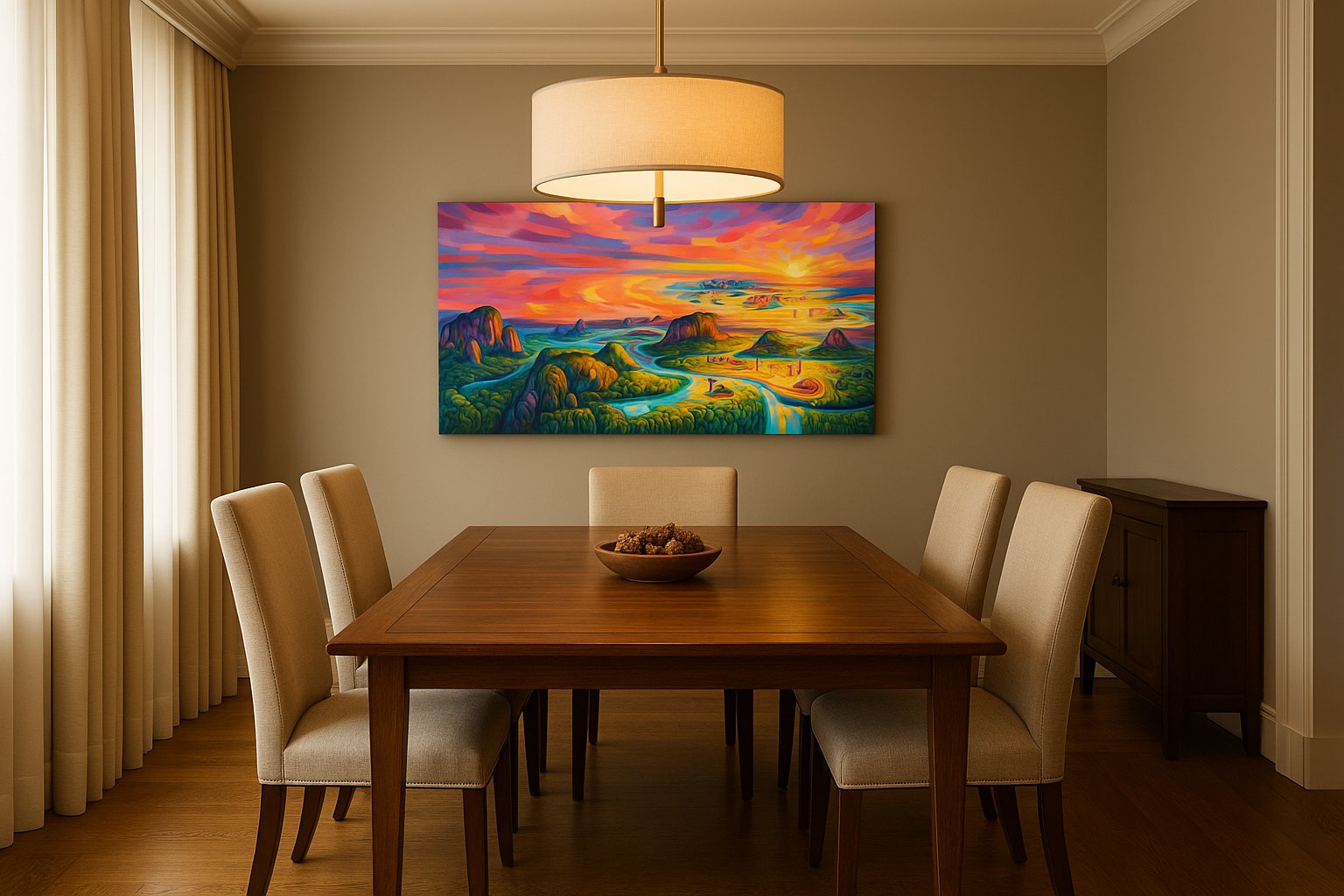 Neon Tides of Paradise beach canvas wall art shown hanging in a sleek modern interior