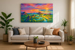 Neon Tides of Paradise beach canvas wall art displayed above a sofa in a styled living room scene