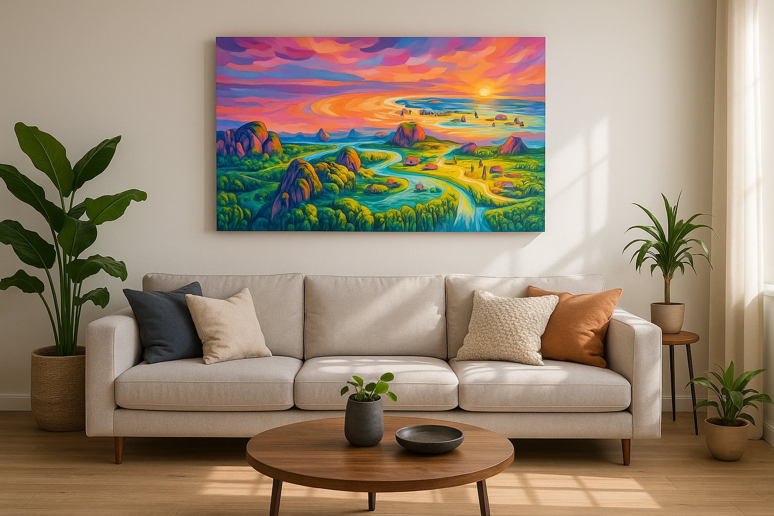 Neon Tides of Paradise beach canvas wall art displayed above a sofa in a styled living room scene