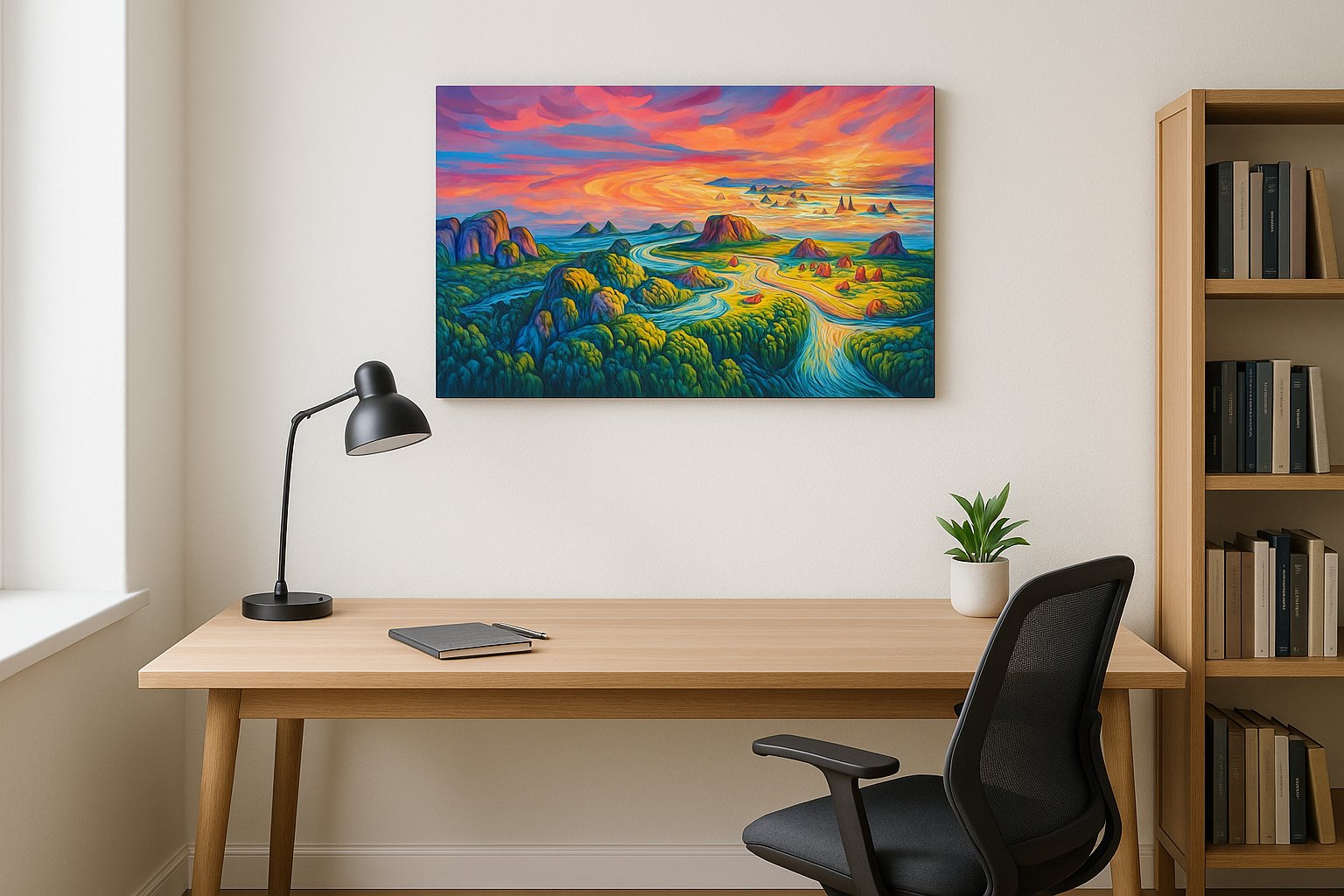 Neon Tides of Paradise beach canvas wall art displayed above a bed in a contemporary bedroom