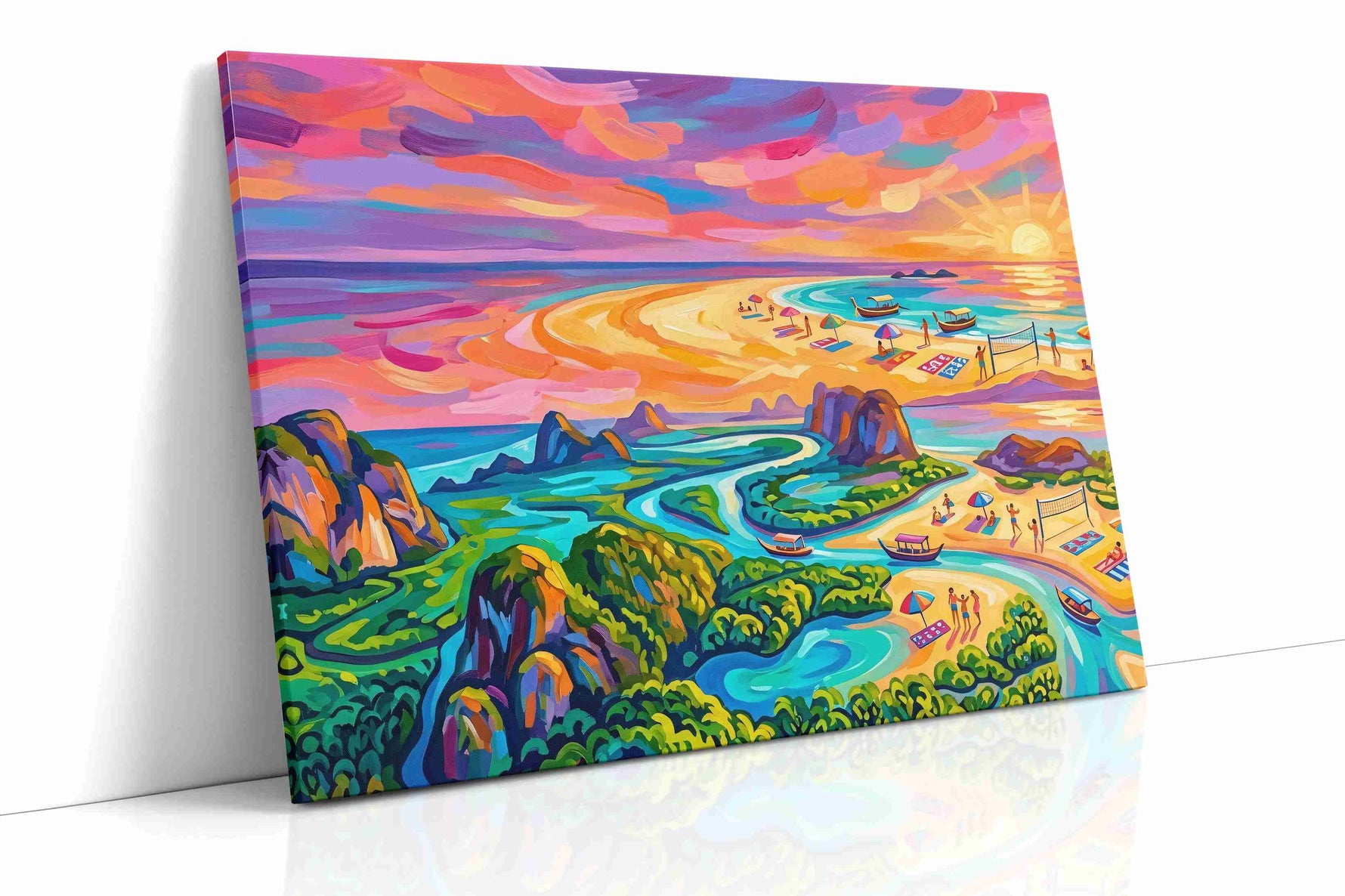 Neon Tides of Paradise beach canvas wall art displayed above a sofa in a modern living room