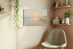 Sail at First Light beach canvas wall art displayed above a sofa in a styled living room scene