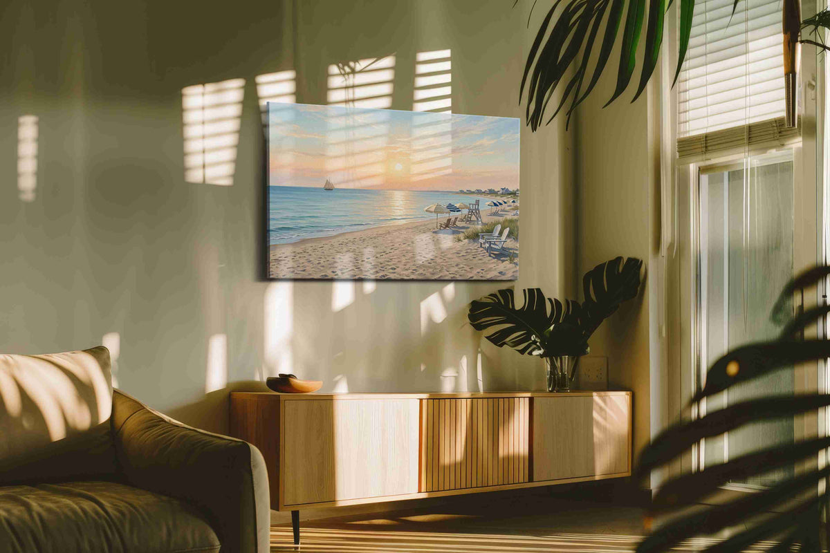 Sail at First Light beach canvas wall art in a contemporary interior mockup