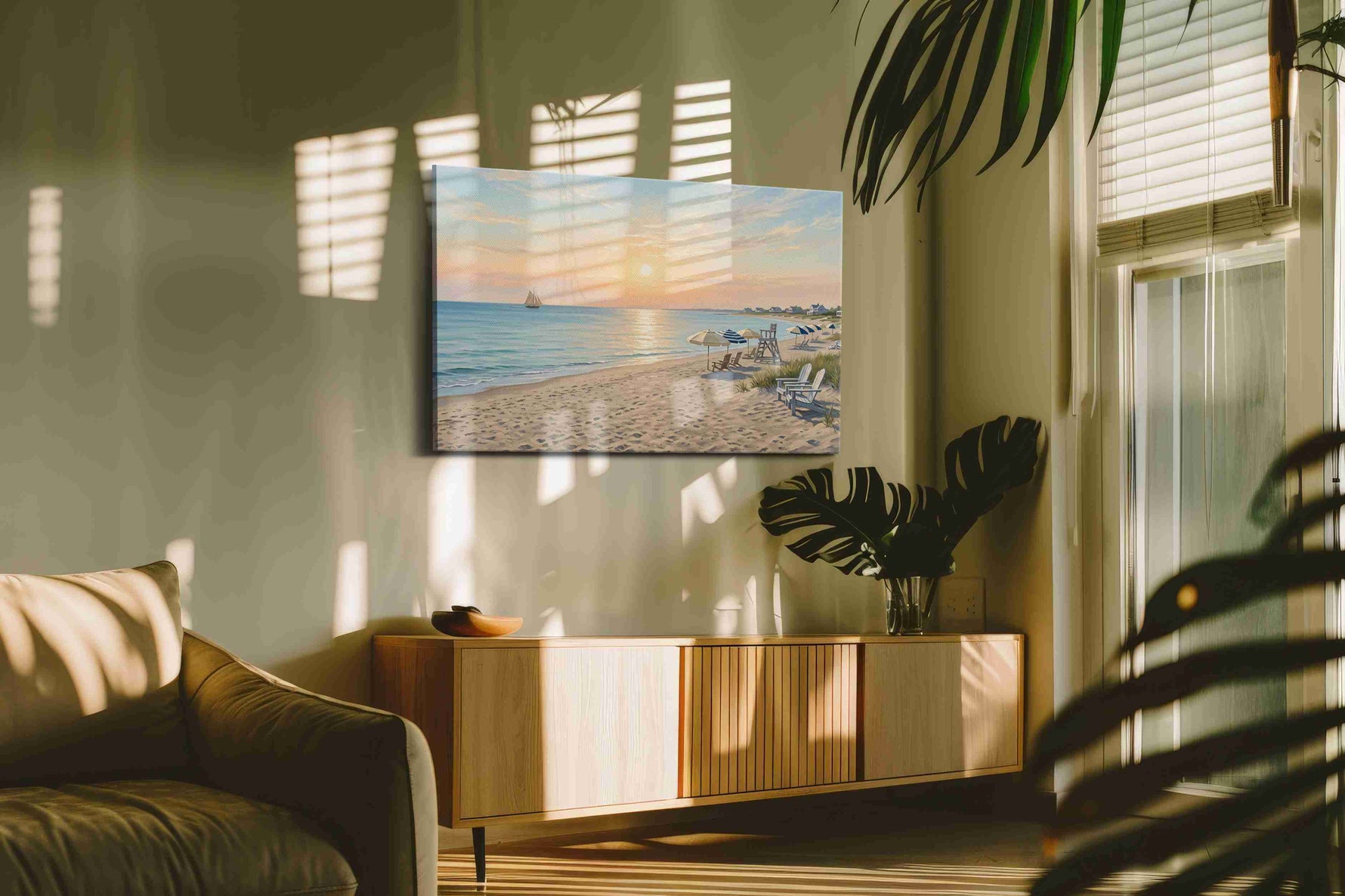 Sail at First Light beach canvas wall art in a contemporary interior mockup