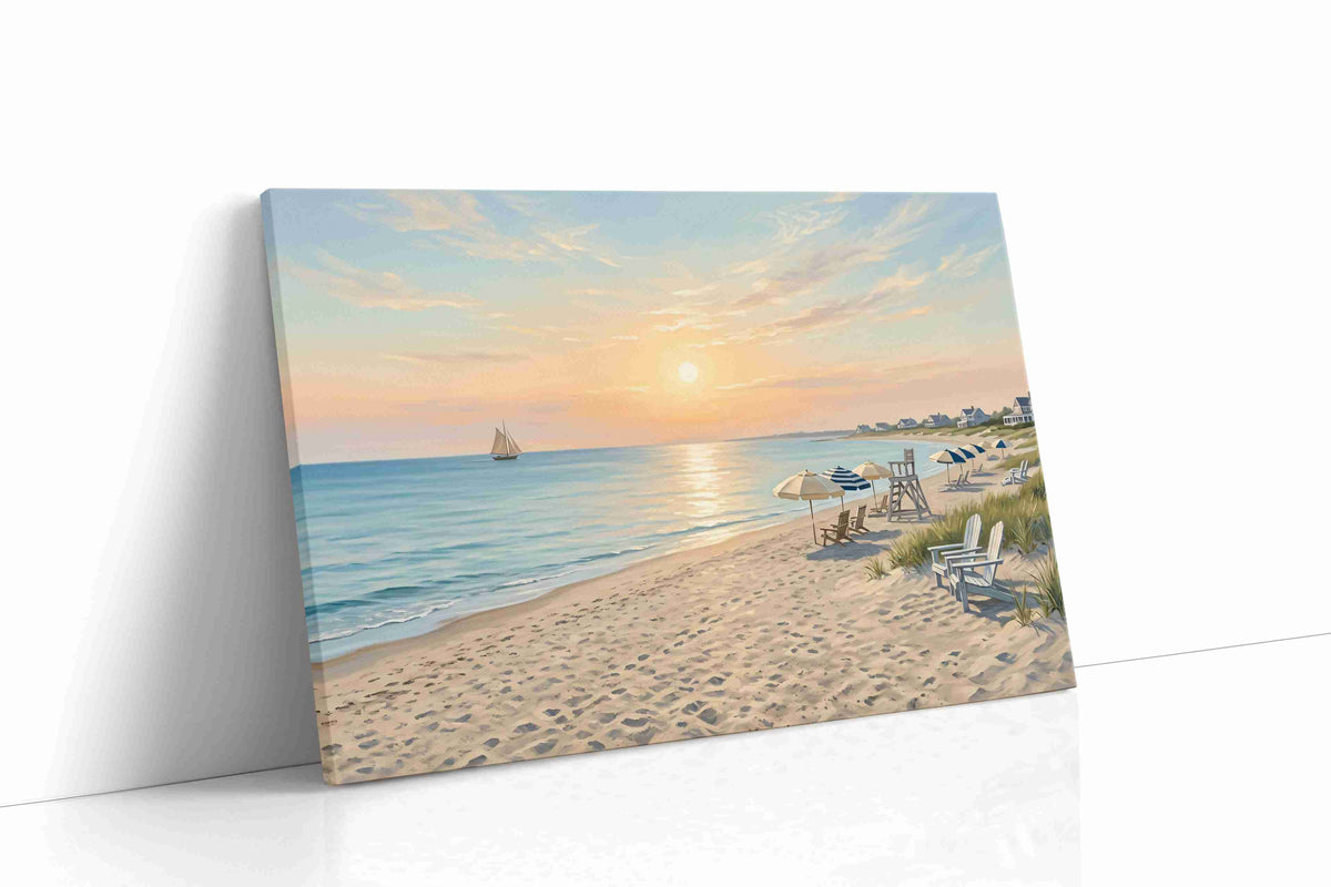 Sail at First Light beach canvas wall art displayed above a sofa in a modern living room