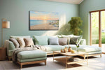 Sail at First Light beach canvas wall art shown hanging in a styled interior