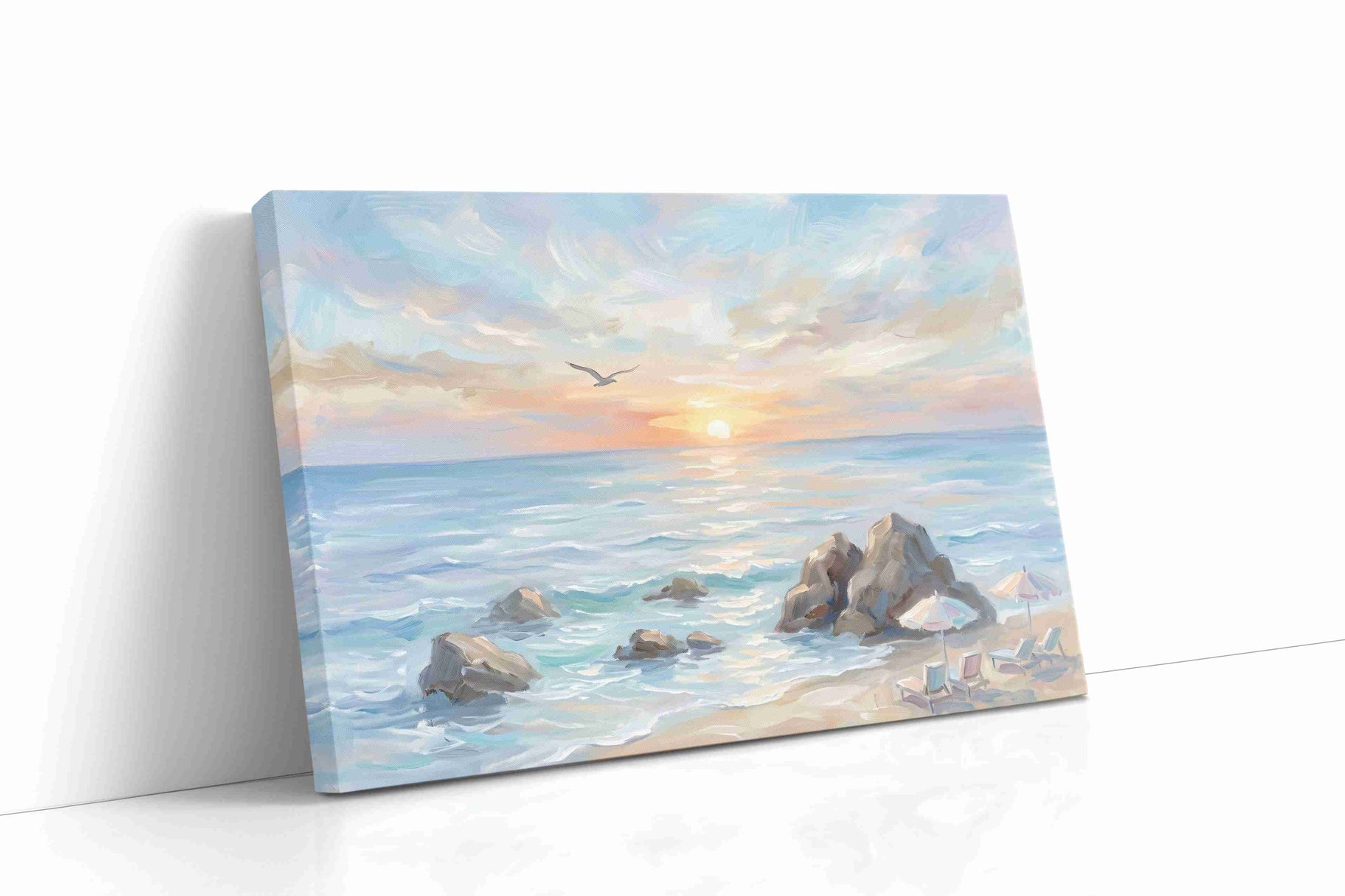 Seabird Over Blush Tide beach canvas wall art gallery-wrapped landscape canvas studio shot