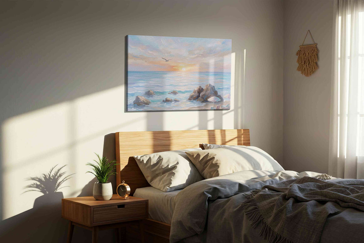 Seabird Over Blush Tide beach canvas wall art displayed above a bed in a styled bedroom scene