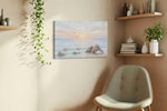 Seabird Over Blush Tide beach canvas wall art styled in a living room