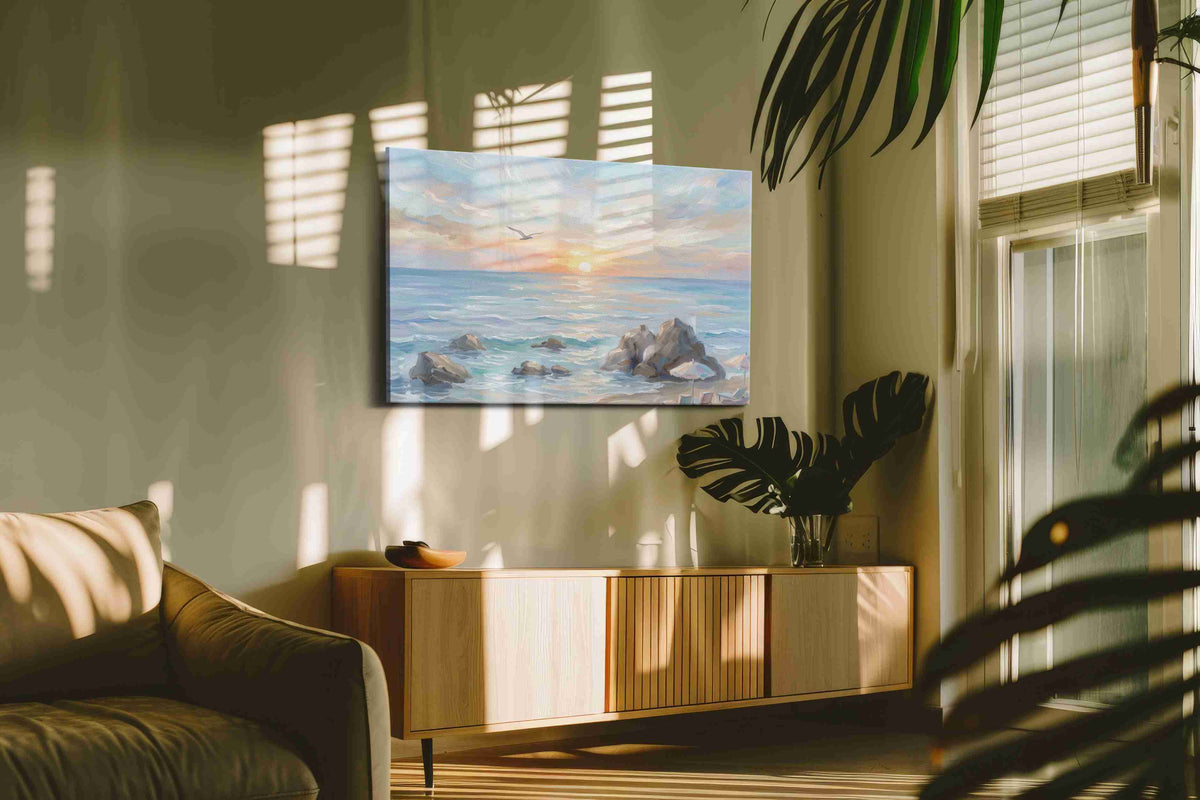 Seabird Over Blush Tide beach canvas wall art displayed above a bed in a contemporary bedroom