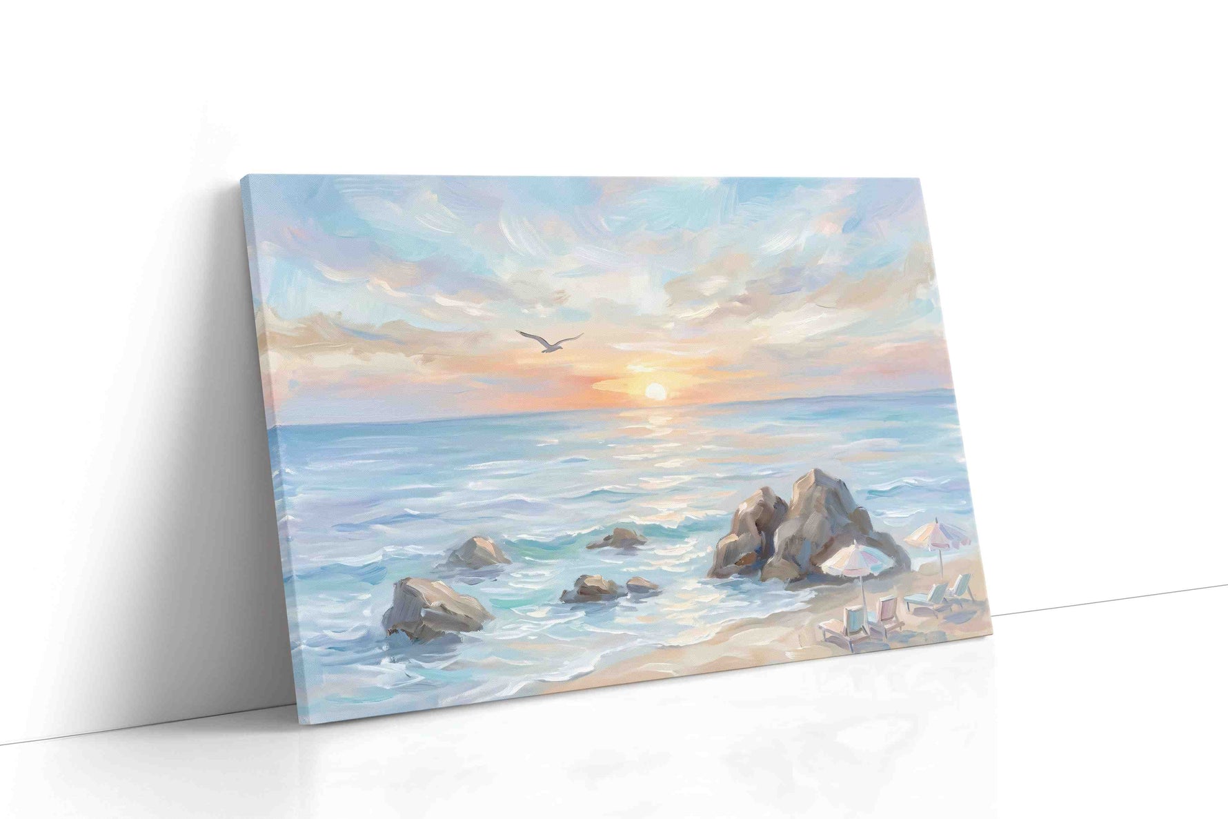 Seabird Over Blush Tide beach canvas wall art displayed above a sofa in a modern living room