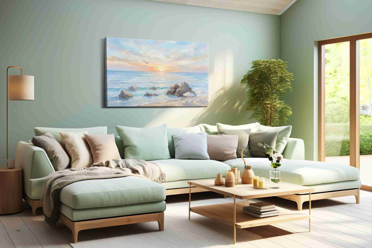 Seabird Over Blush Tide beach canvas wall art shown hanging in a styled interior