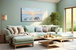 Seabird Over Blush Tide beach canvas wall art shown hanging in a styled interior