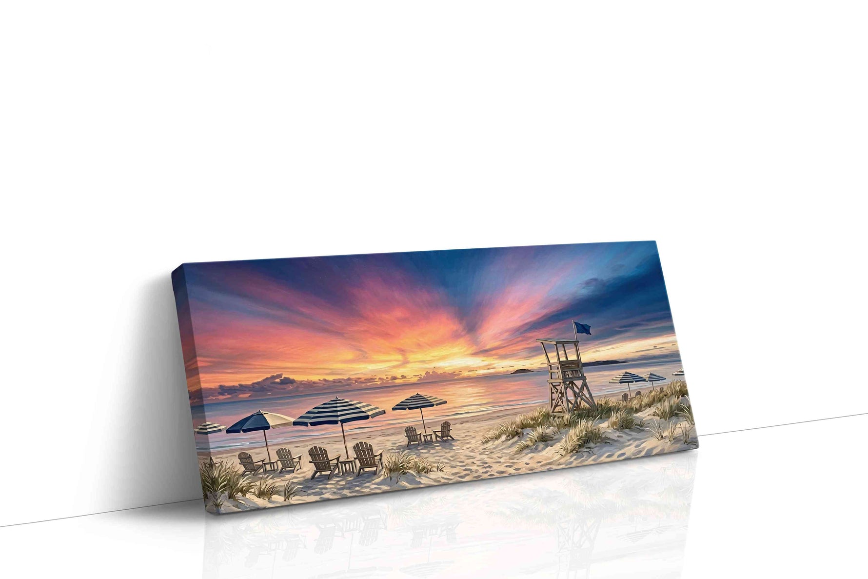 Sentinel of the Painted Tide beach canvas wall art displayed above a sofa in a modern living room