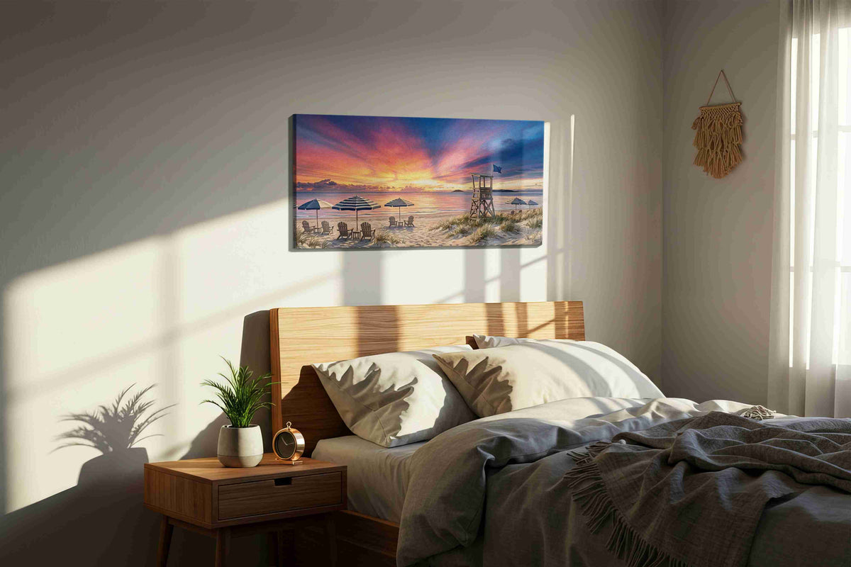 Sentinel of the Painted Tide beach canvas wall art displayed above a bed in a styled bedroom scene