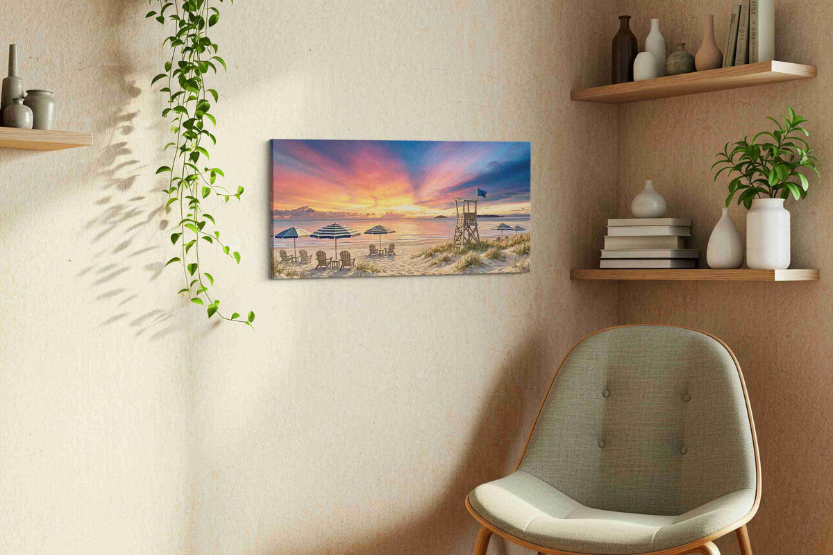 Sentinel of the Painted Tide beach canvas wall art displayed above a bed in a contemporary bedroom