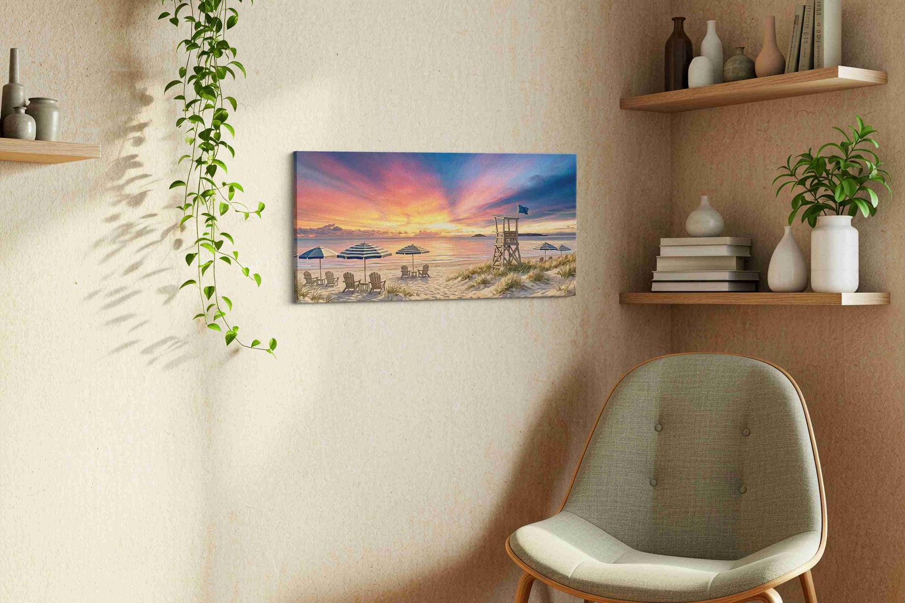 Sentinel of the Painted Tide beach canvas wall art displayed above a bed in a contemporary bedroom