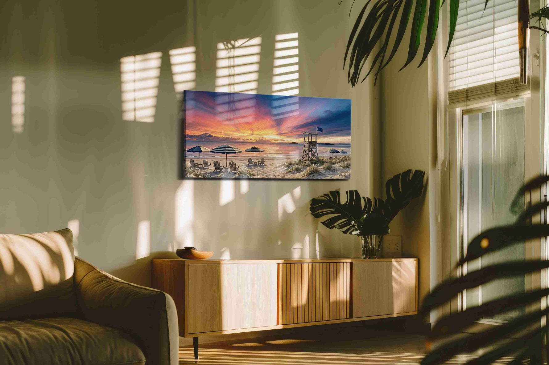 Sentinel of the Painted Tide beach canvas wall art shown hanging in a styled interior