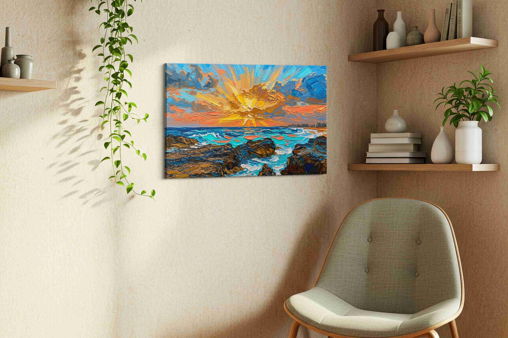 Sunburst Over Azure Breakers beach canvas wall art displayed above a bed in a contemporary bedroom