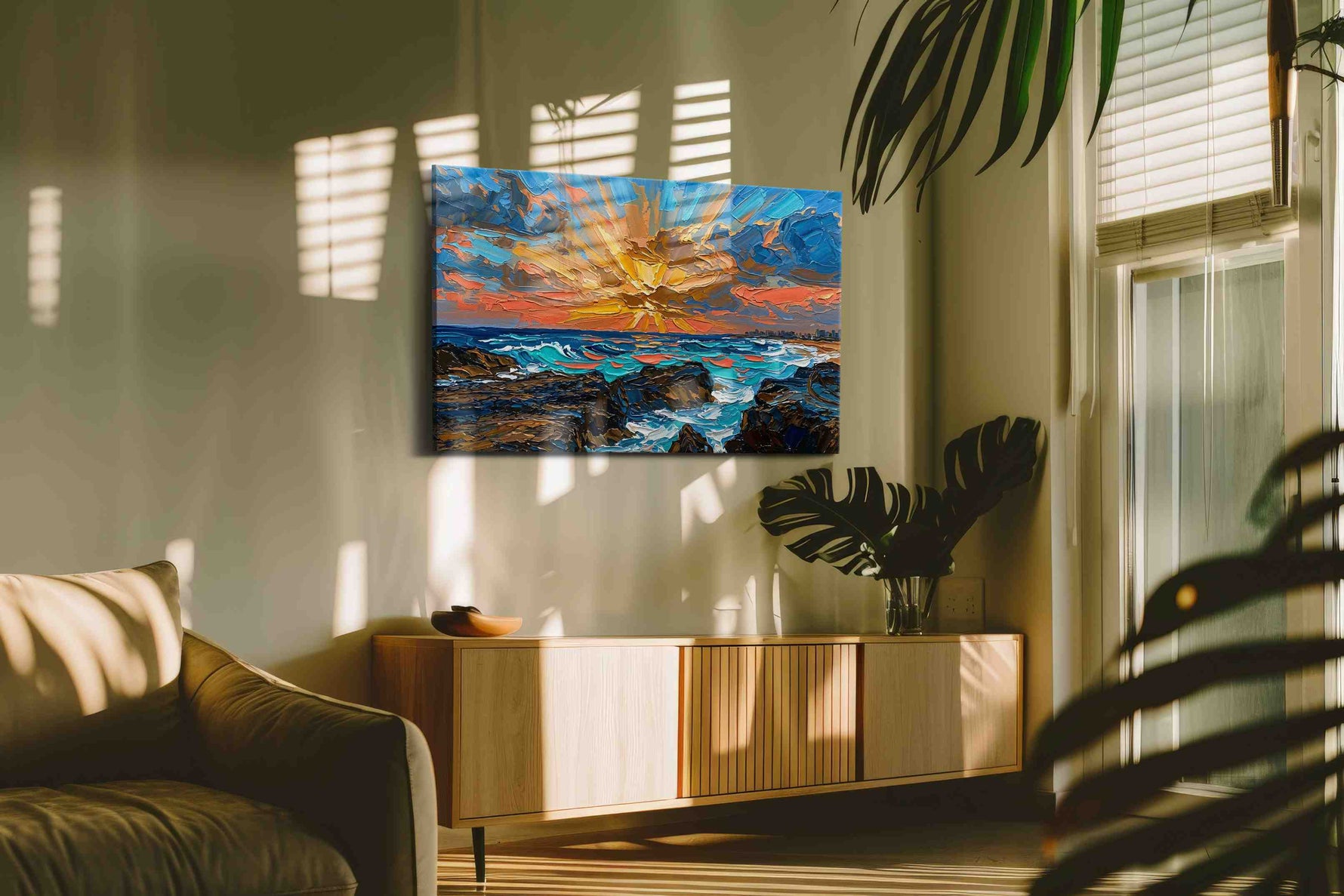 Sunburst Over Azure Breakers beach canvas wall art shown hanging in a styled interior