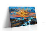 Sunburst Over Azure Breakers beach canvas wall art displayed above a sofa in a modern living room