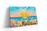 Sunburst Over Coral Tides beach canvas wall art displayed above a bed in a contemporary bedroom