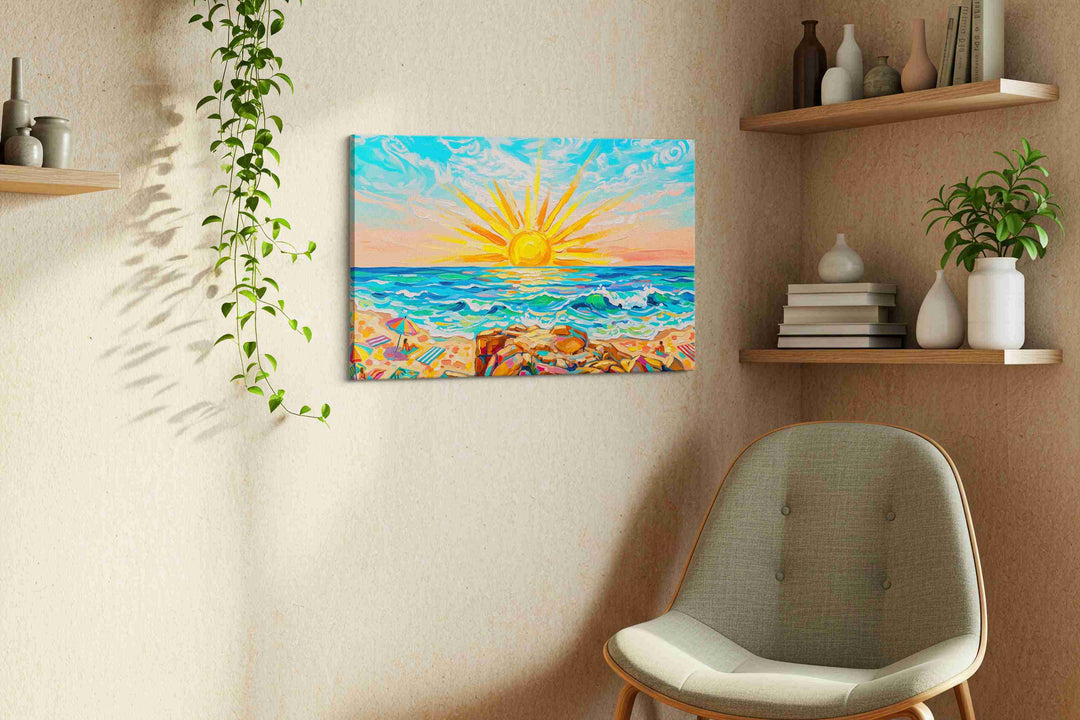 Sunburst Over Coral Tides - Beach Wall Art, Coastal Canvas Print, Tropical Decor