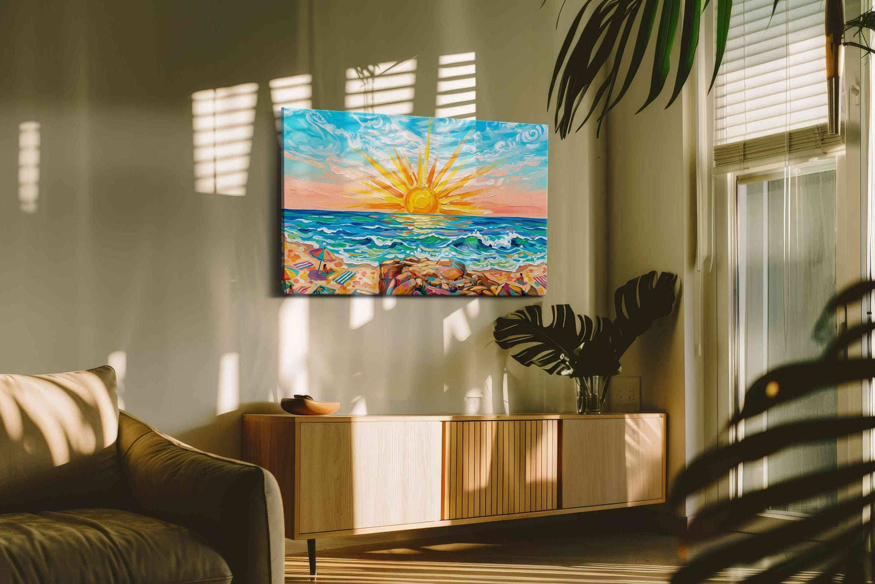 Sunburst Over Coral Tides beach canvas wall art shown hanging in a styled interior